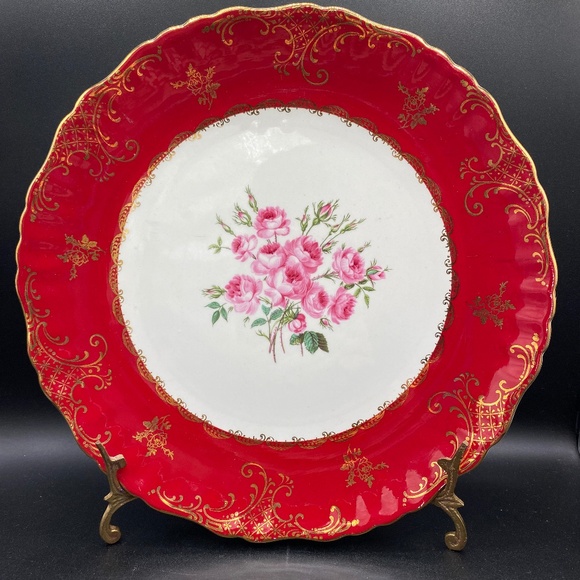 James Kent dinner plate red band, hand painted roses, gold details VTG 50's UK - Picture 1 of 10